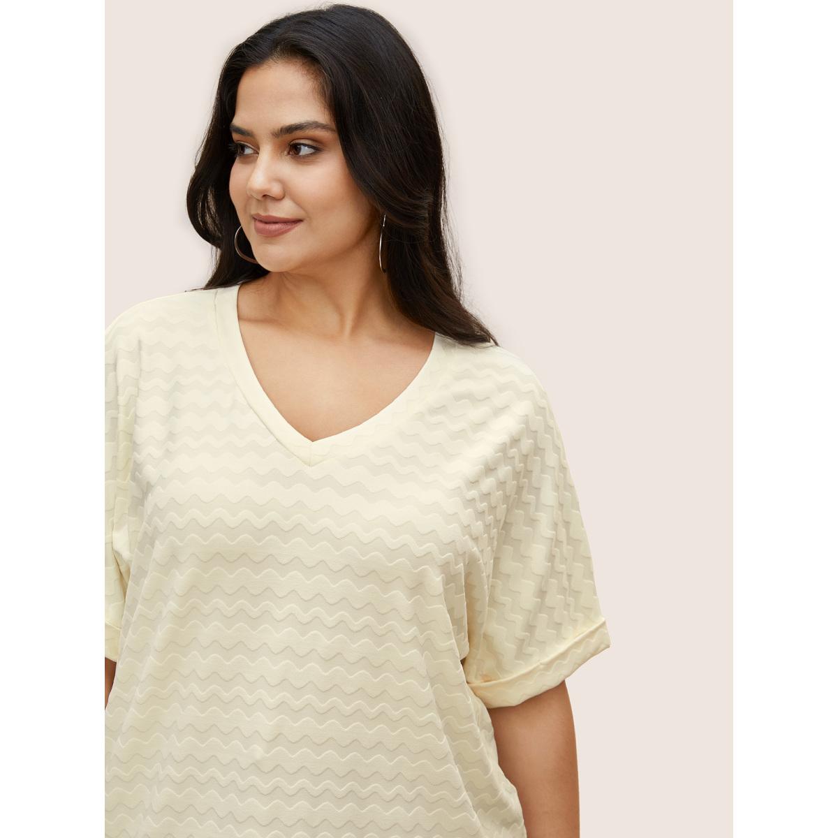 Plus Size V Neck Plain Textured Batwing Sleeve T-shirt Beige Women Casual Texture V-neck Everyday T-shirts BloomChic 30/6X Product Image