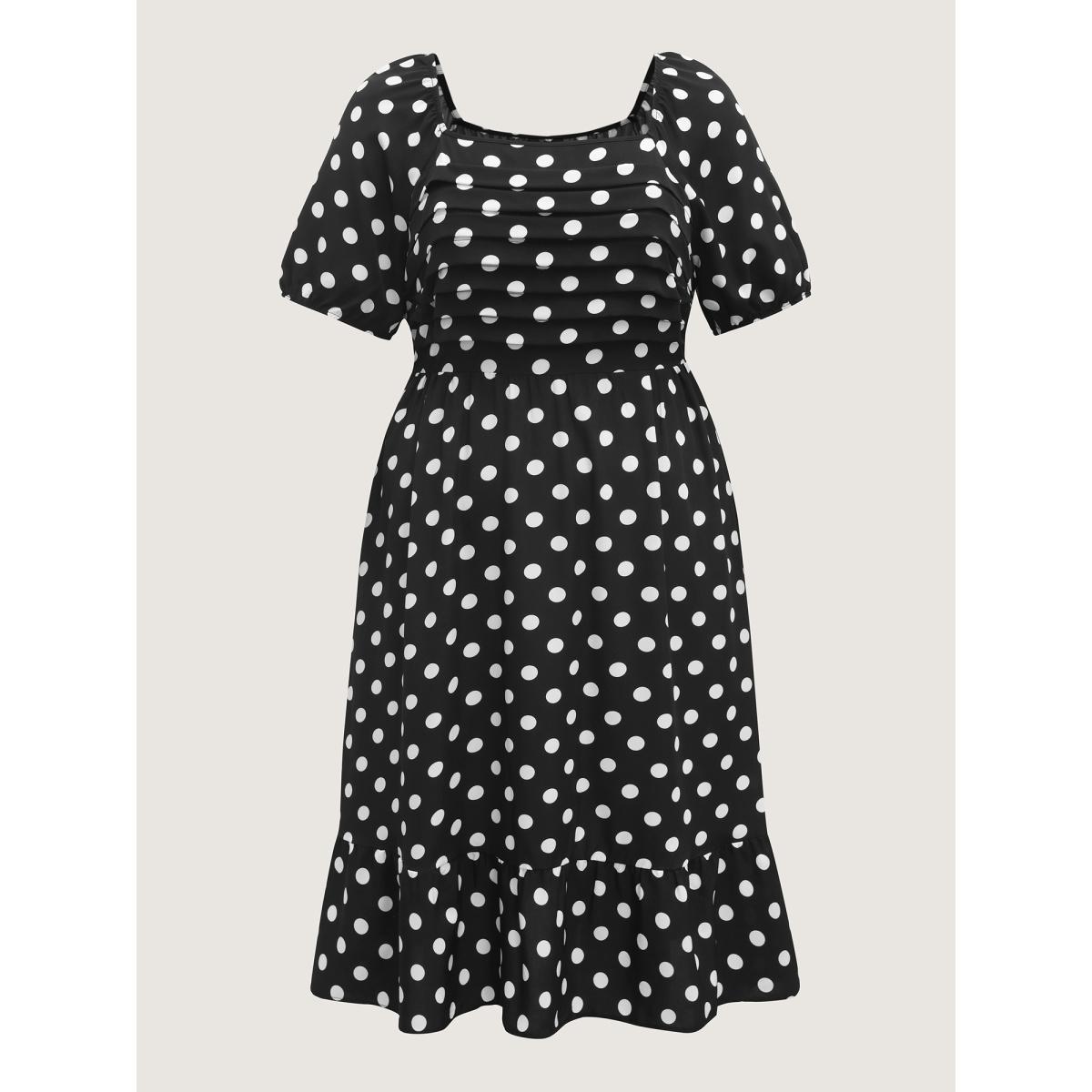 Plus Size Polka Dots Pleated Bodice Midi Dress Black Women Pleated Square Neck Short sleeve Curvy BloomChic 10/M Product Image