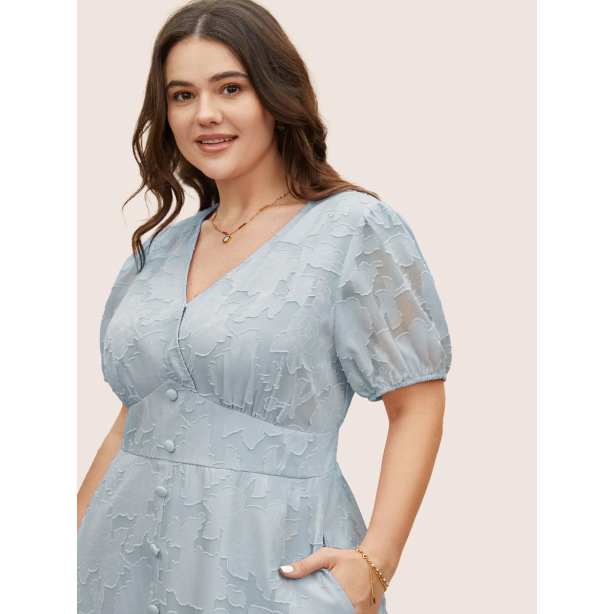 Plus Size Solid Textured Lantern Sleeve Button Detail Dress LightBlue Women Elegant Button V-neck Short sleeve Curvy BloomChic 22-24/3X Product Image