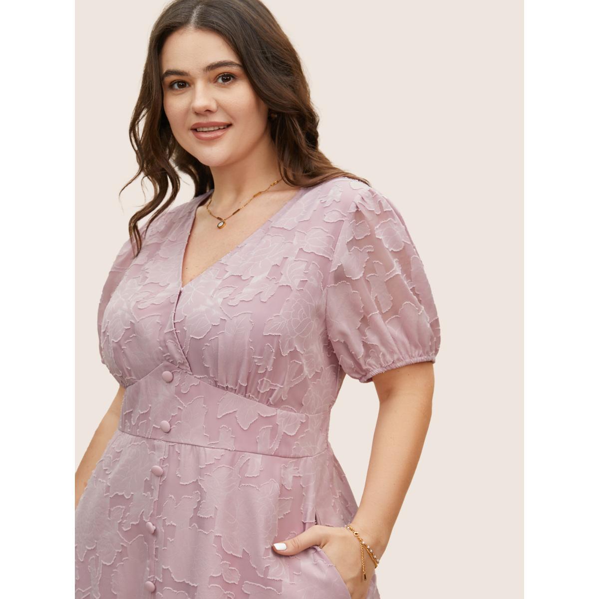 Plus Size Solid Textured Lantern Sleeve Button Detail Dress Lightpink Women Romantic Button V-neck Short sleeve Curvy BloomChic 28/5X Product Image
