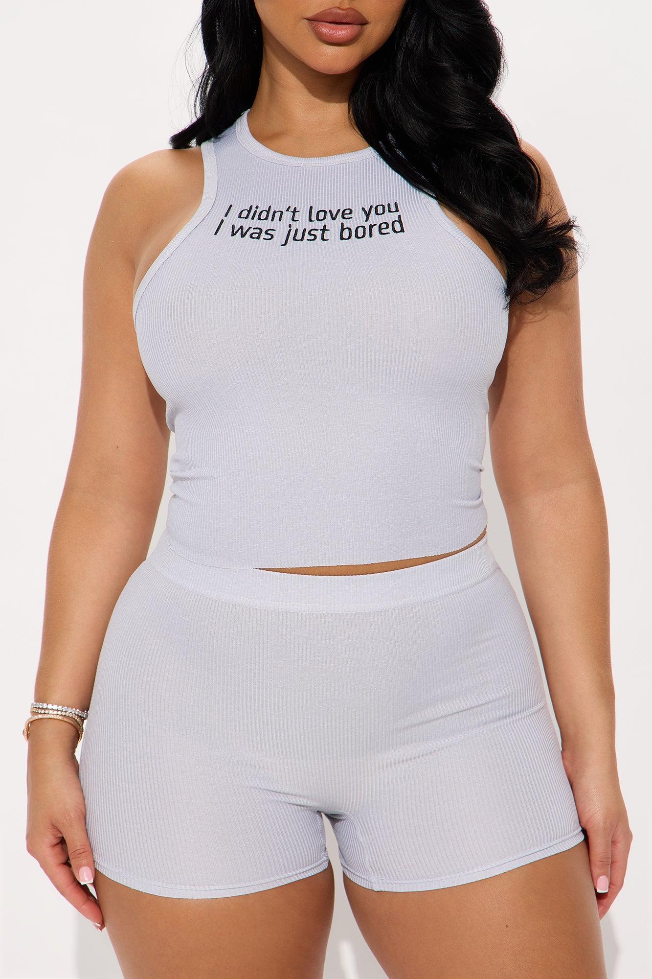 I Was Bored Ribbed PJ Short Set - Heather Grey Product Image