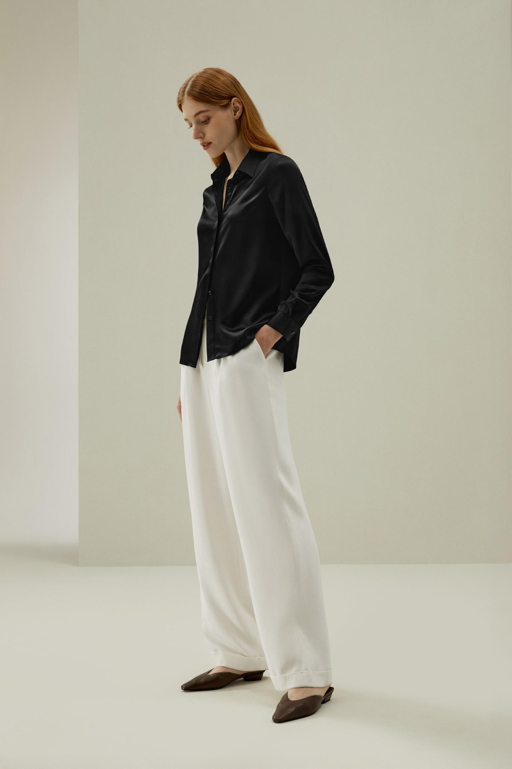 LILYSILK Silk Shirt Women - Dark Gray Mulberry Silk - Non-Toxic Dyes Concealed Mother-Of-Pearl Buttons Blouse Petite M Product Image