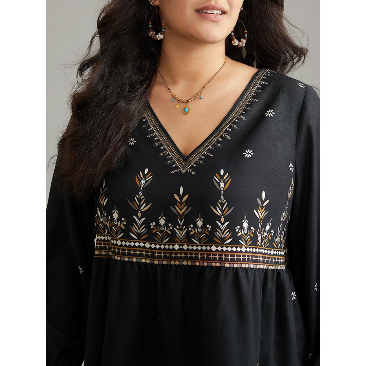 Plus Size Black Boho Print Lantern Sleeve Gathered Blouse Women Vacation Long Sleeve V-neck Vacation Blouses BloomChic 18-20/2X Product Image