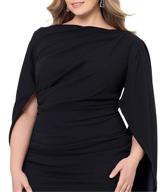 Betsy & Adam Plus Size Round Neck Draped Back 3/4 Sleeve Ruched Front Stretch Sheath Dress Product Image