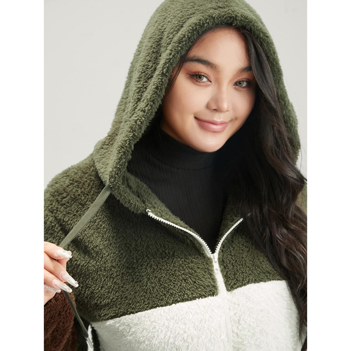 Plus Size Colorblock Contrast Pocket Zip Up Coat Women ArmyGreen Casual Contrast Ladies Dailywear Winter Coats BloomChic 18-20/2X Product Image