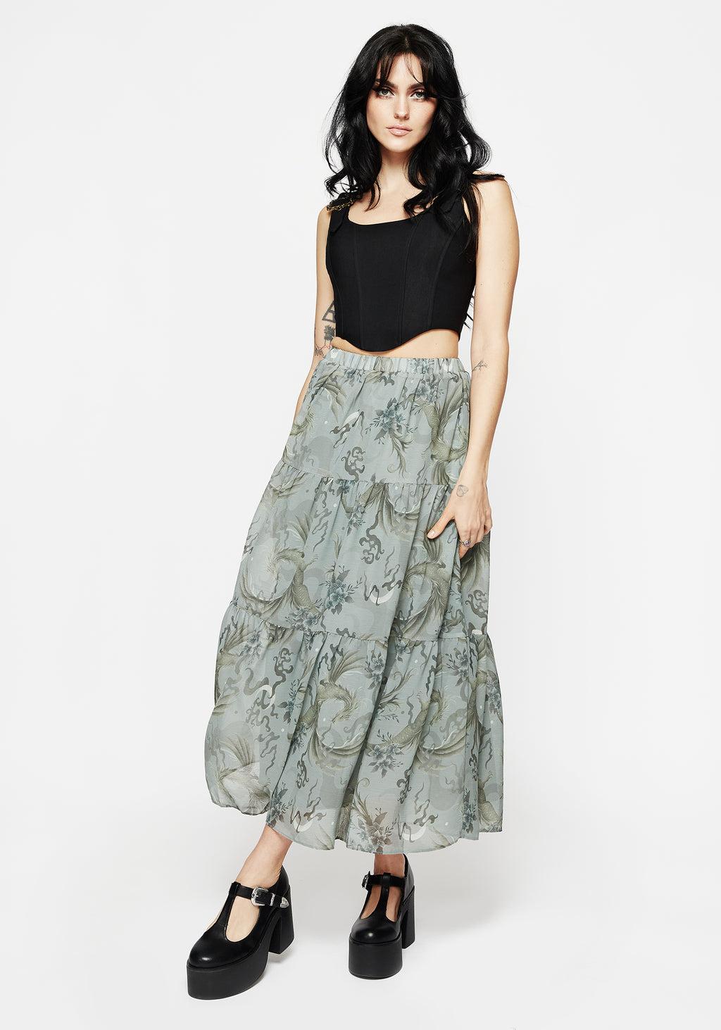 Sapphira Dragon Print Chiffon Tiered Maxi Skirt Product Image