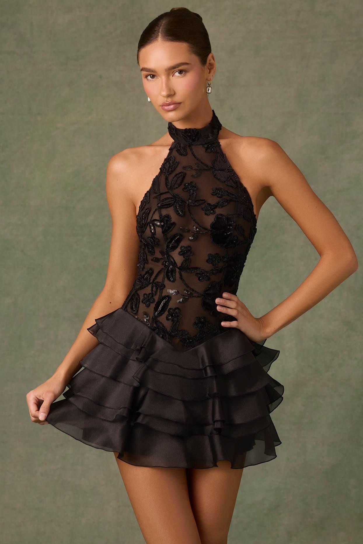 Embellished Ruffled Halterneck Mini Dress in Black Product Image
