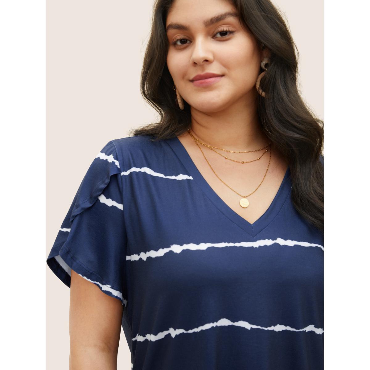 Plus Size Striped Contrast Petal Sleeve T-shirt DarkBlue Women Elegant Striped Everyday T-shirts BloomChic 18-20/2X Product Image