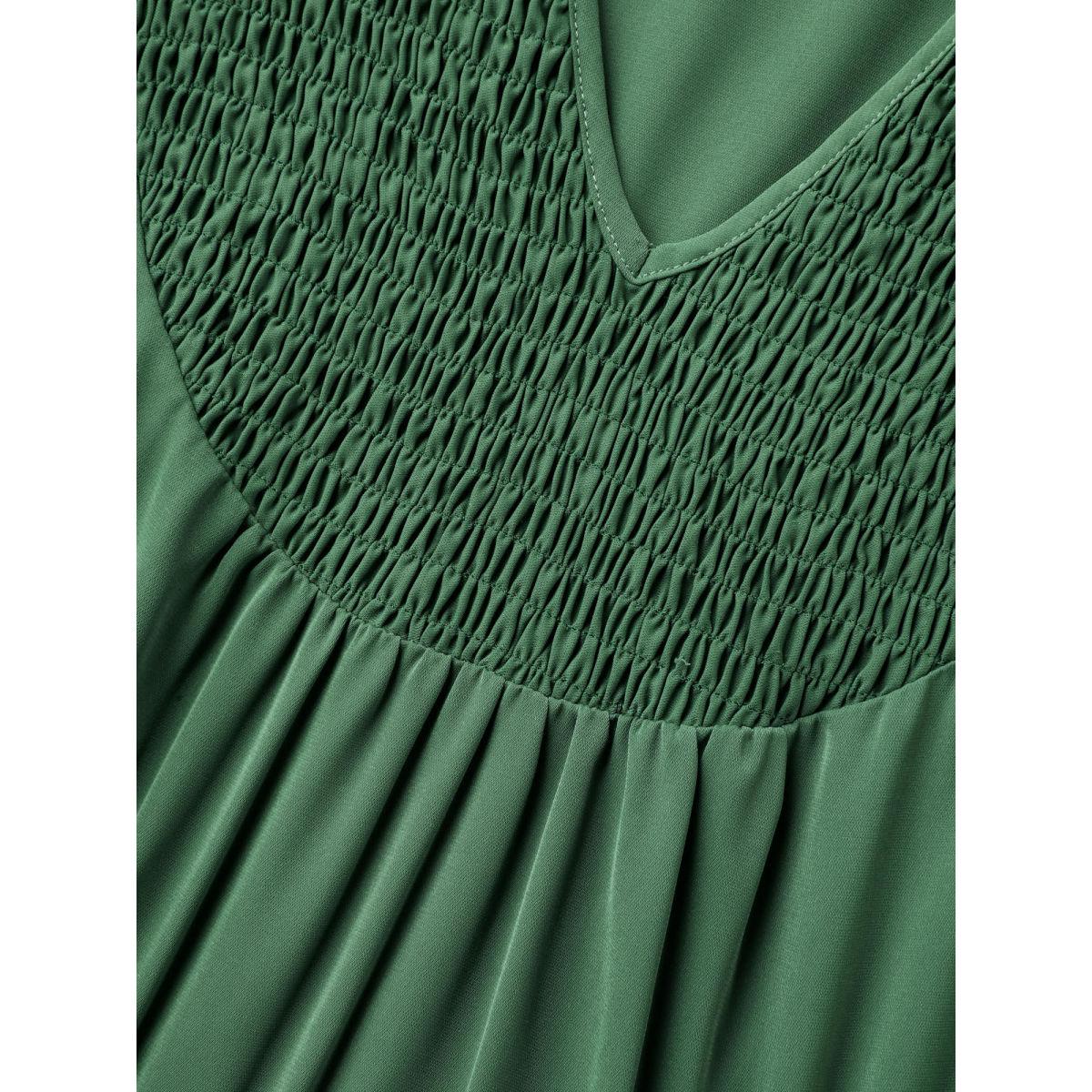 Plus Size Shirred Neck Stretchy Waist Pockets Midi Dress DarkGreen Women Flat collar with V-notch Short sleeve Curvy BloomChic 12/L Product Image