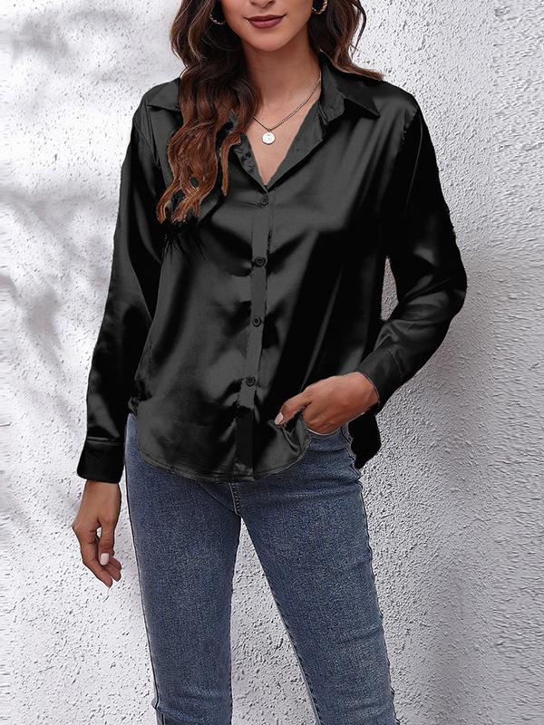 Long Sleeves Loose Solid Color Lapel Blouses Product Image