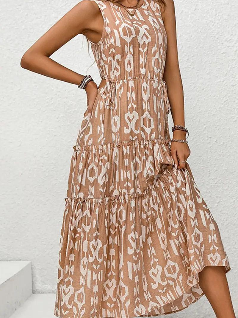 Brown and White Tiered Sleeveless Waist Baring Dress Product Image