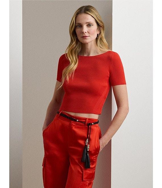 Lauren Ralph Lauren Ribbed Knit Boat Neck Short Sleeve Sweater Top Product Image