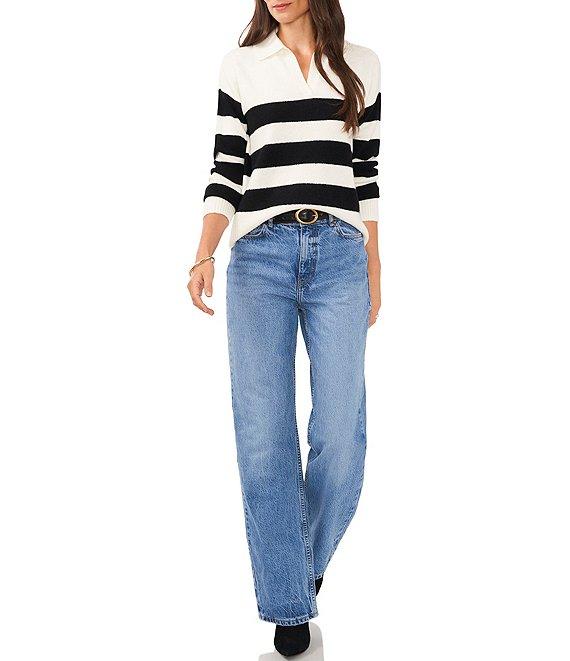 Vince Camuto Wide Striped Long Sleeve Point Collar Ribbed Cuff Knit Sweater Product Image