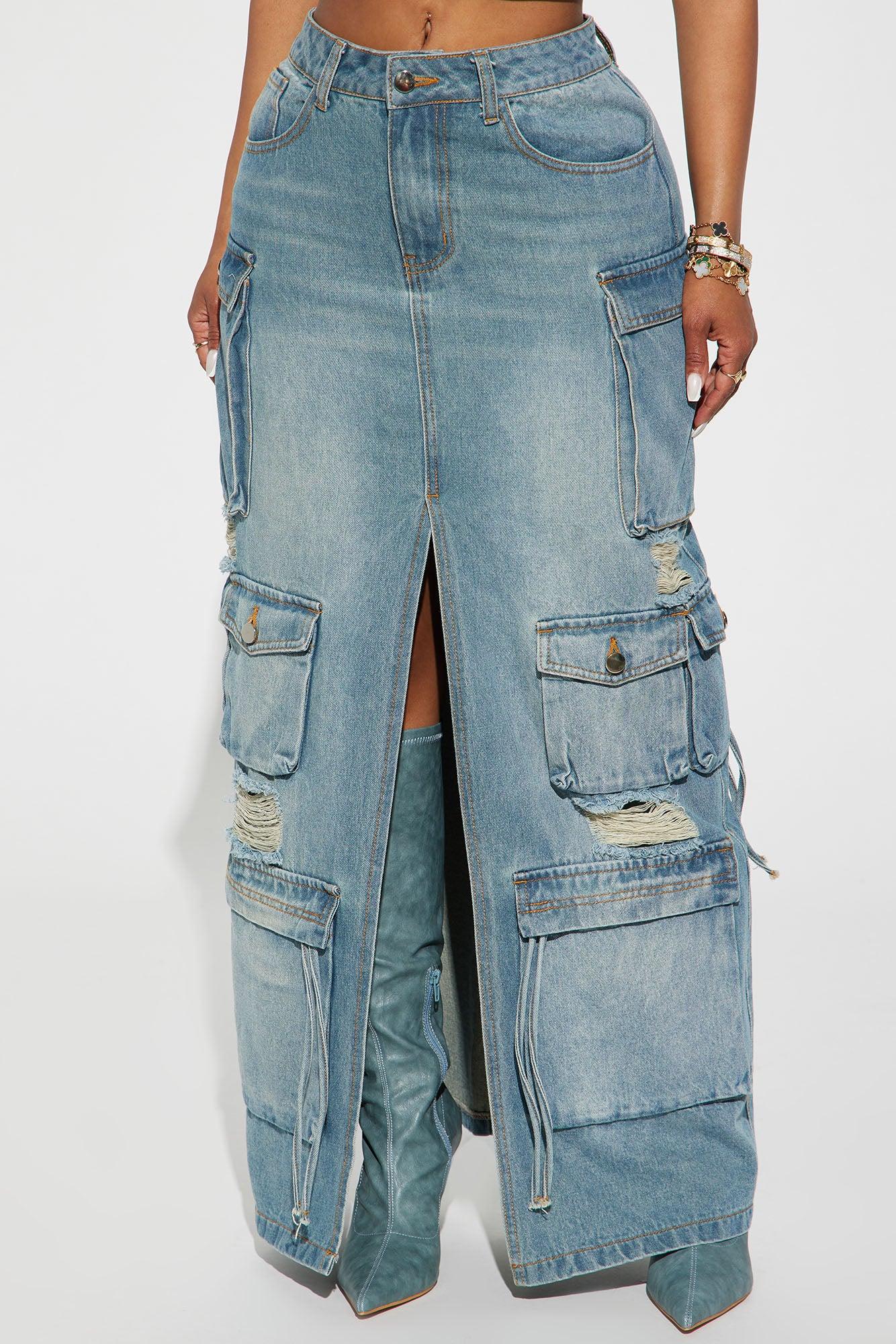 Out Of Town Cargo Denim Maxi Skirt - Medium Wash Product Image