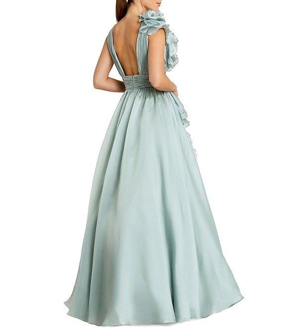 Mac Duggal Deep V-Neck Sleeveless Ruffled Shoulder Ball Gown Product Image