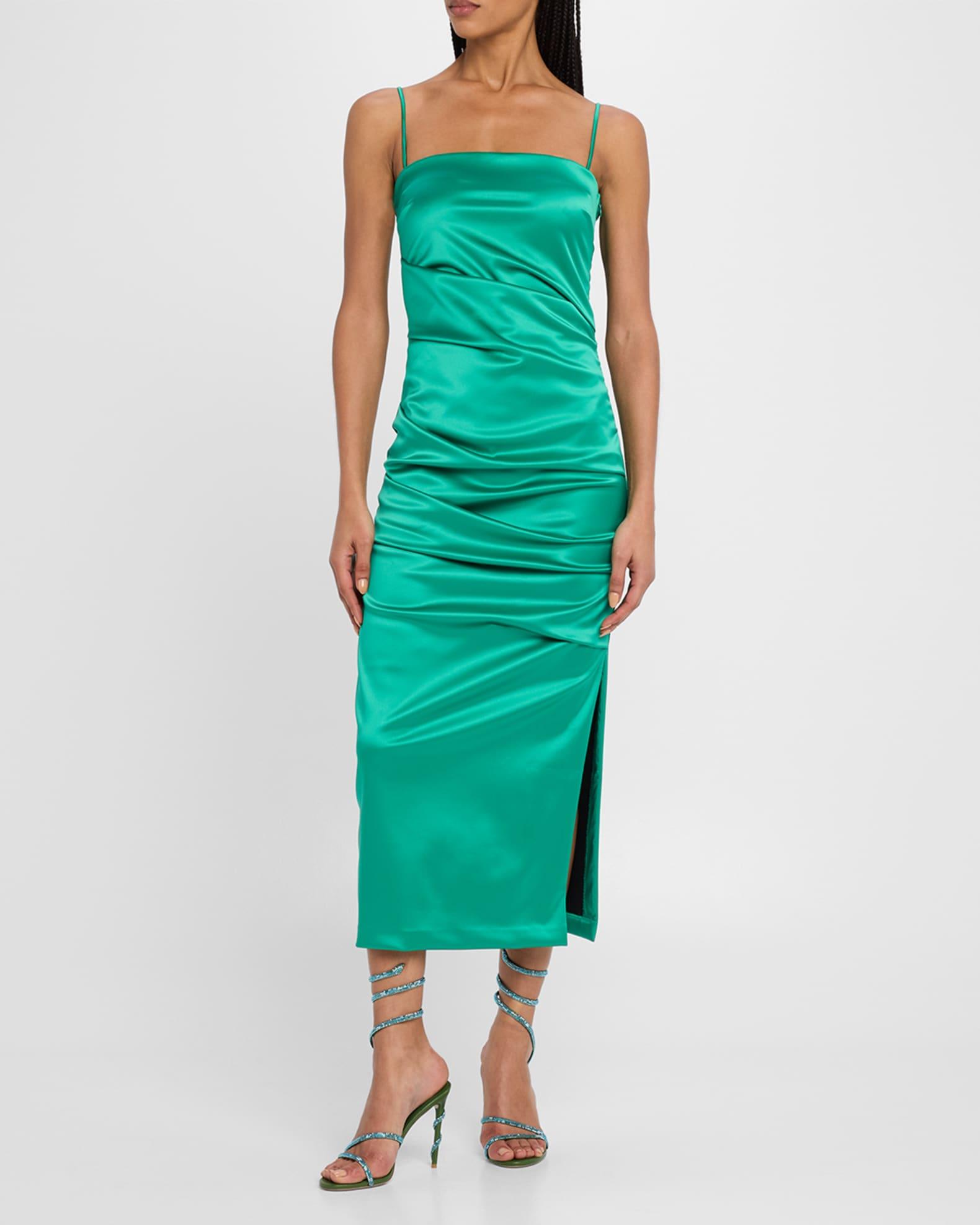Keiky Square-Neck Draped Satin Midi Dress Product Image