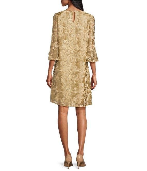 Caroline Rose Bella Soiree Embroidered Mesh Lace 3/4 Bell Sleeve Shift Dress Product Image