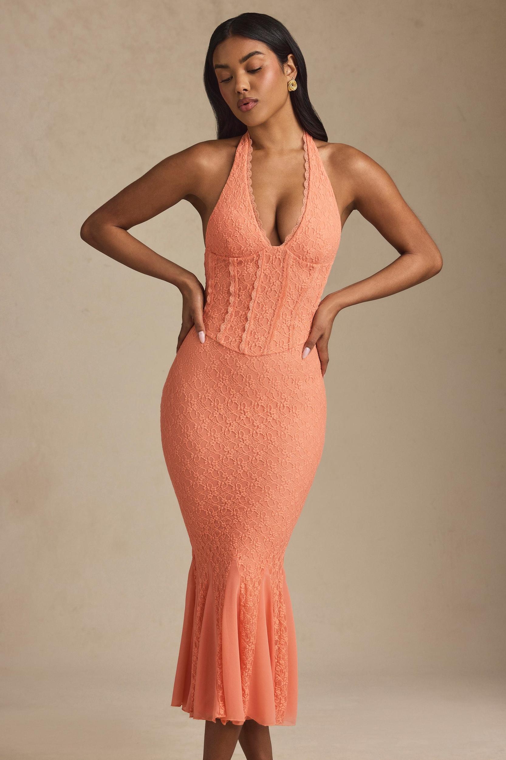 Halterneck Corset Lace Midaxi Dress in Peach Product Image