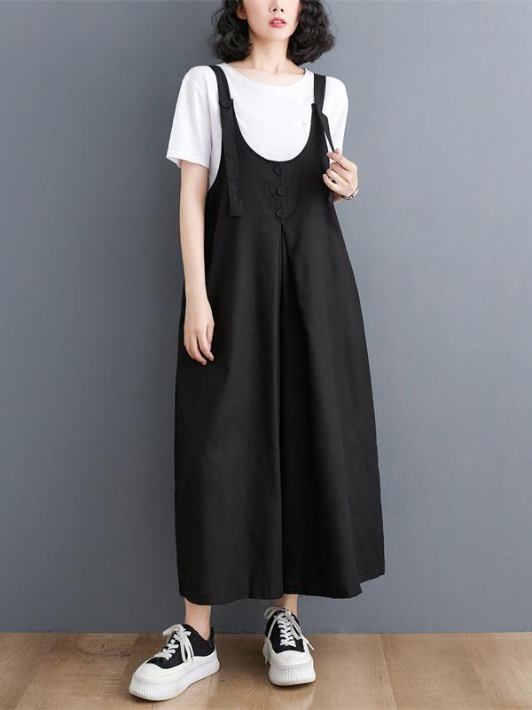 Ninth Pants Wide Leg Buttoned Solid Color Spaghetti-Neck Overalls Product Image