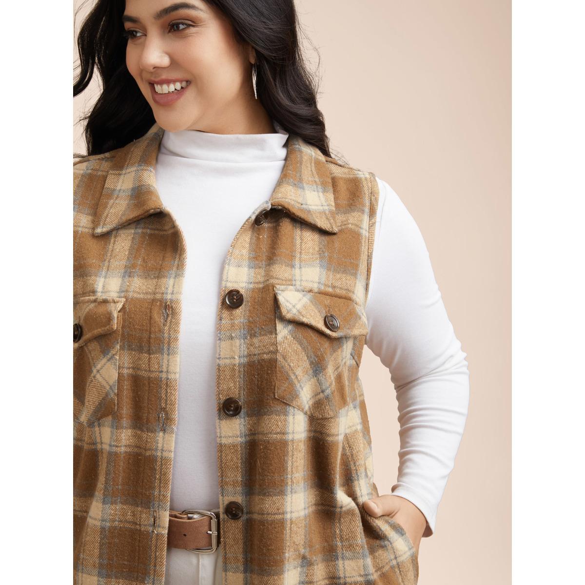 Plus Size Plaid Flap Detail Sleeveless Jacket Women Bronze Button Side seam pocket Everyday Jackets BloomChic 26/4X Product Image