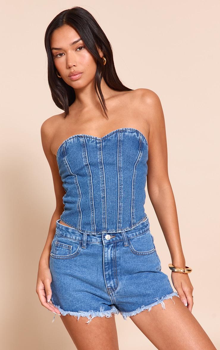 Mid Blue Wash Seam Detail Denim Corset Top Product Image