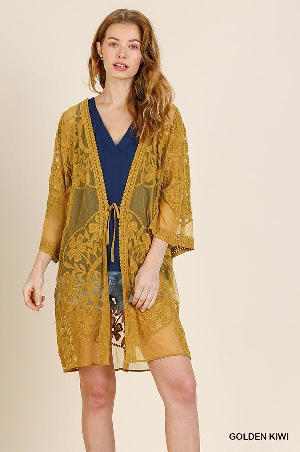 1136   ReeAnn Floral Lace Kimono w/ Waist Tie - Reg & Plus Product Image