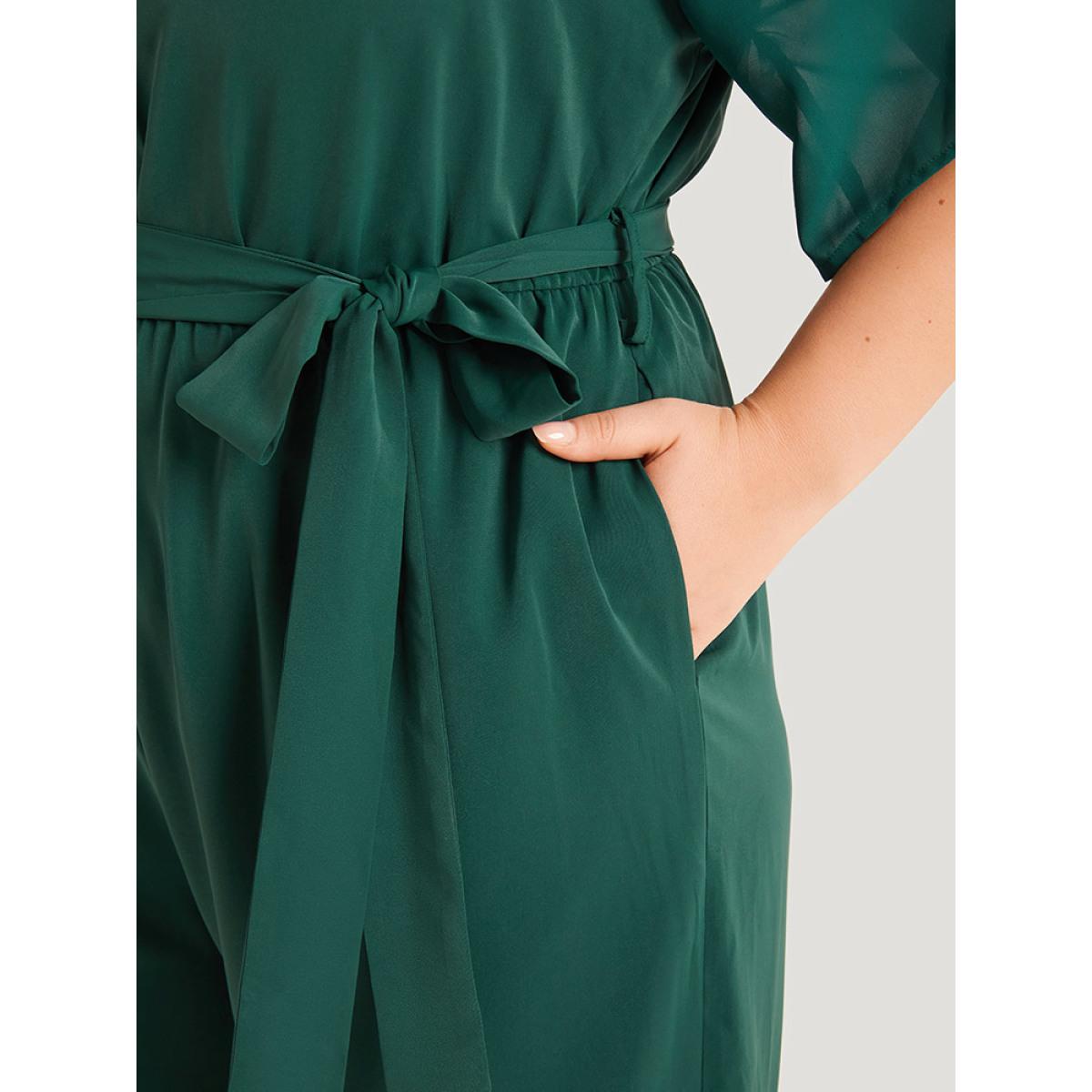 Plus Size DarkGreen Solid Belted Pocket Cut Out Zipper Jumpsuit Women Office Short sleeve Round Neck Office Loose Jumpsuits BloomChic 22-24/3X Product Image