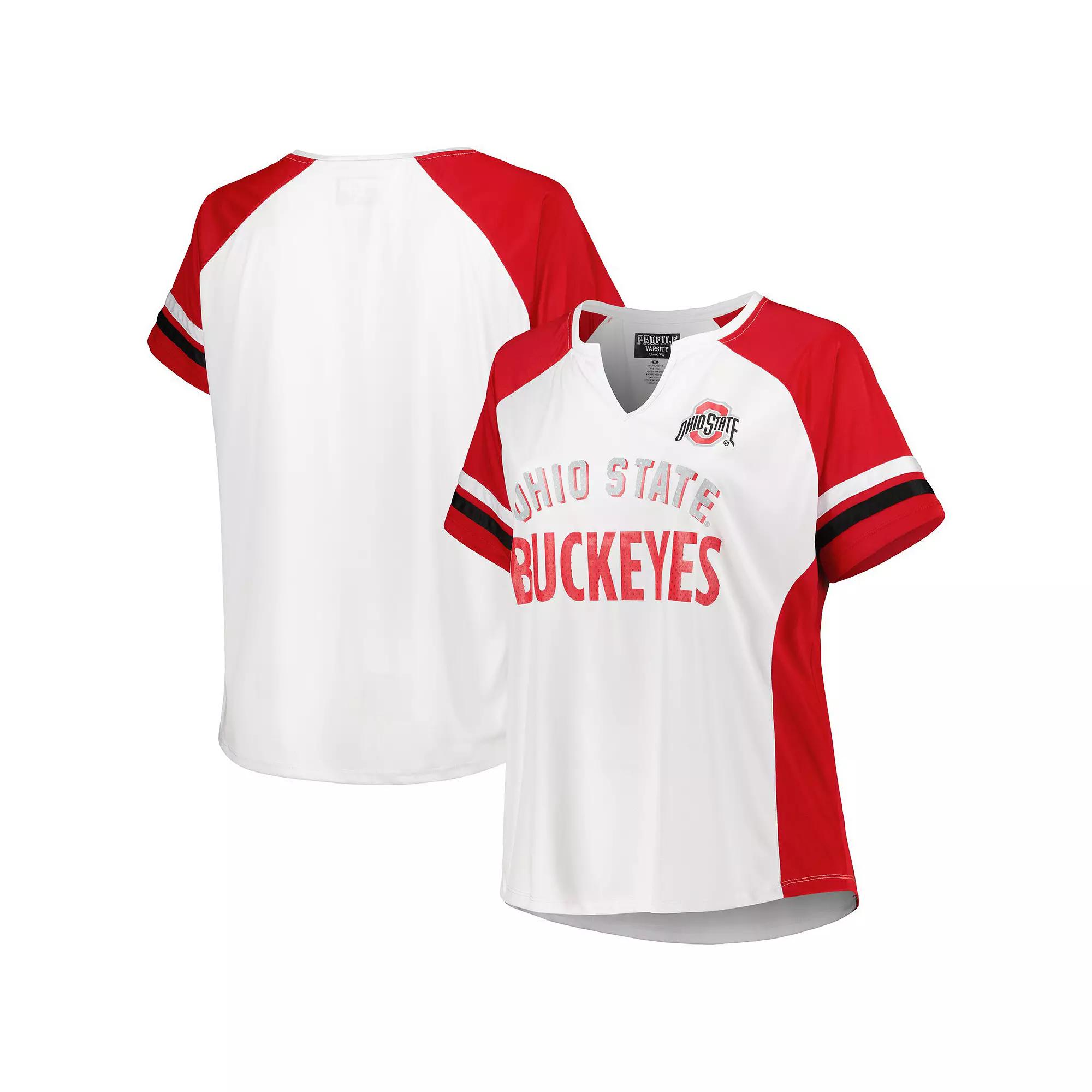 Women's White Ohio State Buckeyes Plus Size Stripe Raglan Notch Neck T-Shirt, Size: 3XL Product Image