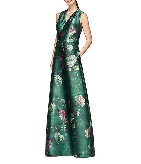 Kay Unger Floral Print Mikado V-Neck Sleeveless Side Pocket Gown Product Image
