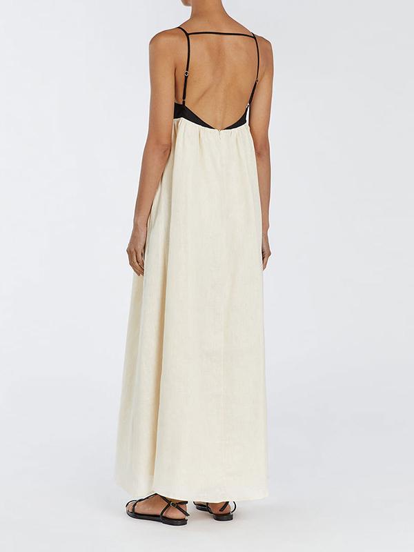 A-Line Loose Contrast Color Pleated Split-Joint Spaghetti-Neck Maxi Dresses Product Image