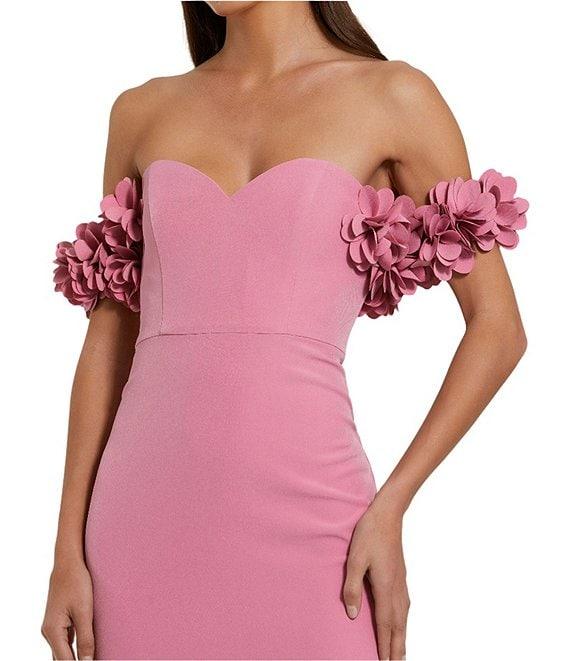 Mac Duggal Crepe Off-The-Shoulder Neck Draped Sleeve 3D Flower Gown Product Image