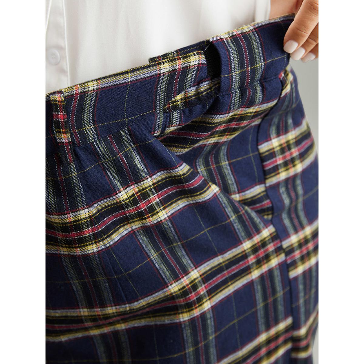 Plus Size Plaid Pocket Eyelet Belted Straight Leg Pants Women Indigo Office Straight Leg High Rise Office Pants BloomChic 28/5X Product Image