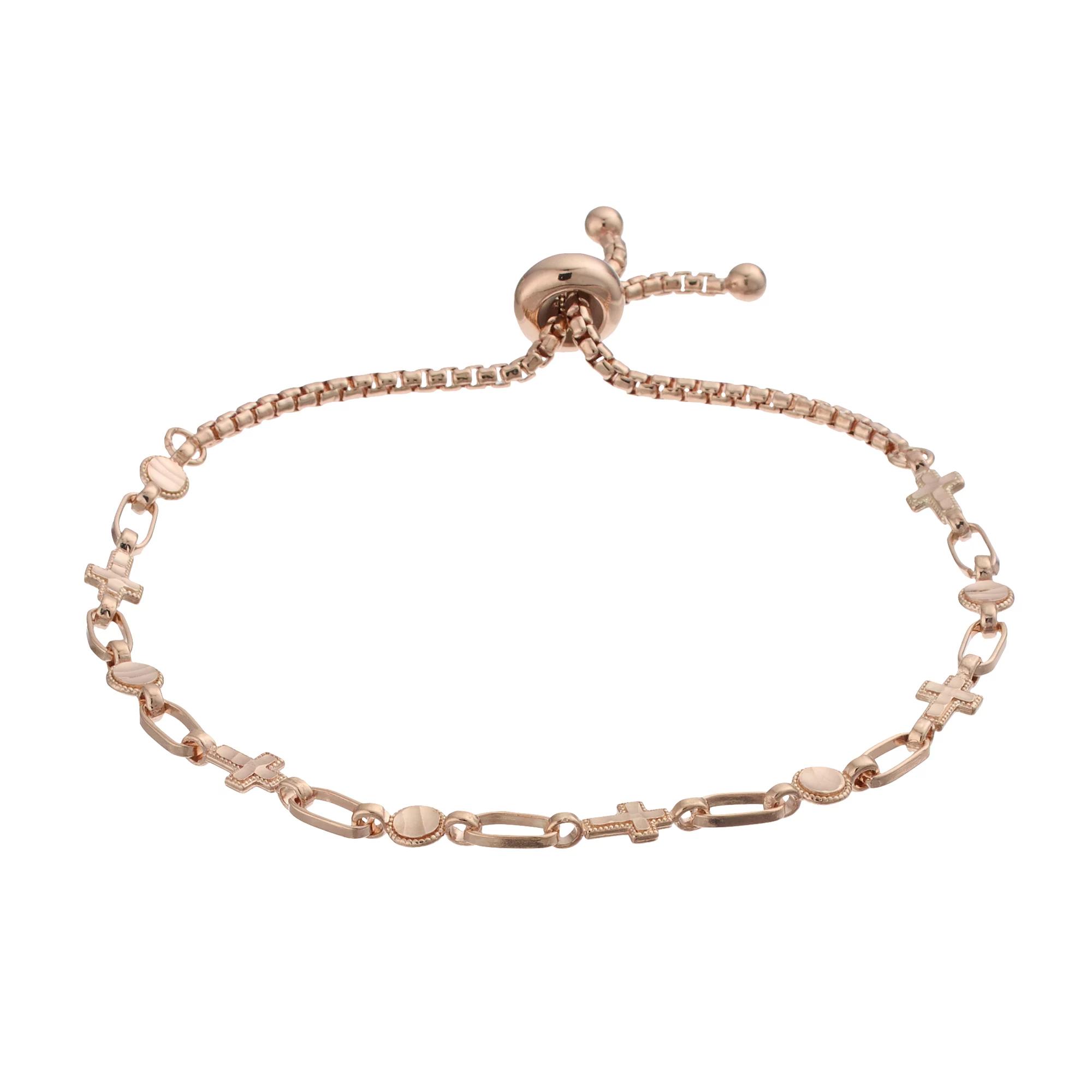 Kristen Kesho Sterling Silver Cross & Round Link Adjustable Bolo Bracelet, Women's, Size: 9.50, Pink Tone Product Image