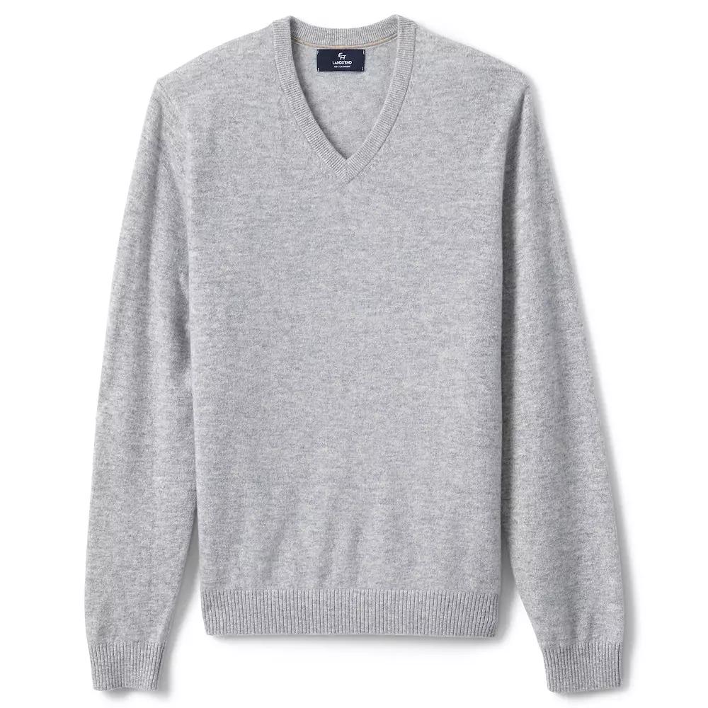 Men's Lands' End Fine-Gauge Cashmere V-neck Sweater, Size: Large, Light Gray Grey Product Image