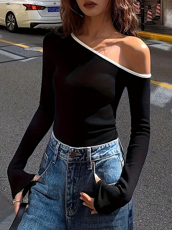 Long Sleeves Skinny Asymmetric One-Shoulder T-Shirts Tops Product Image