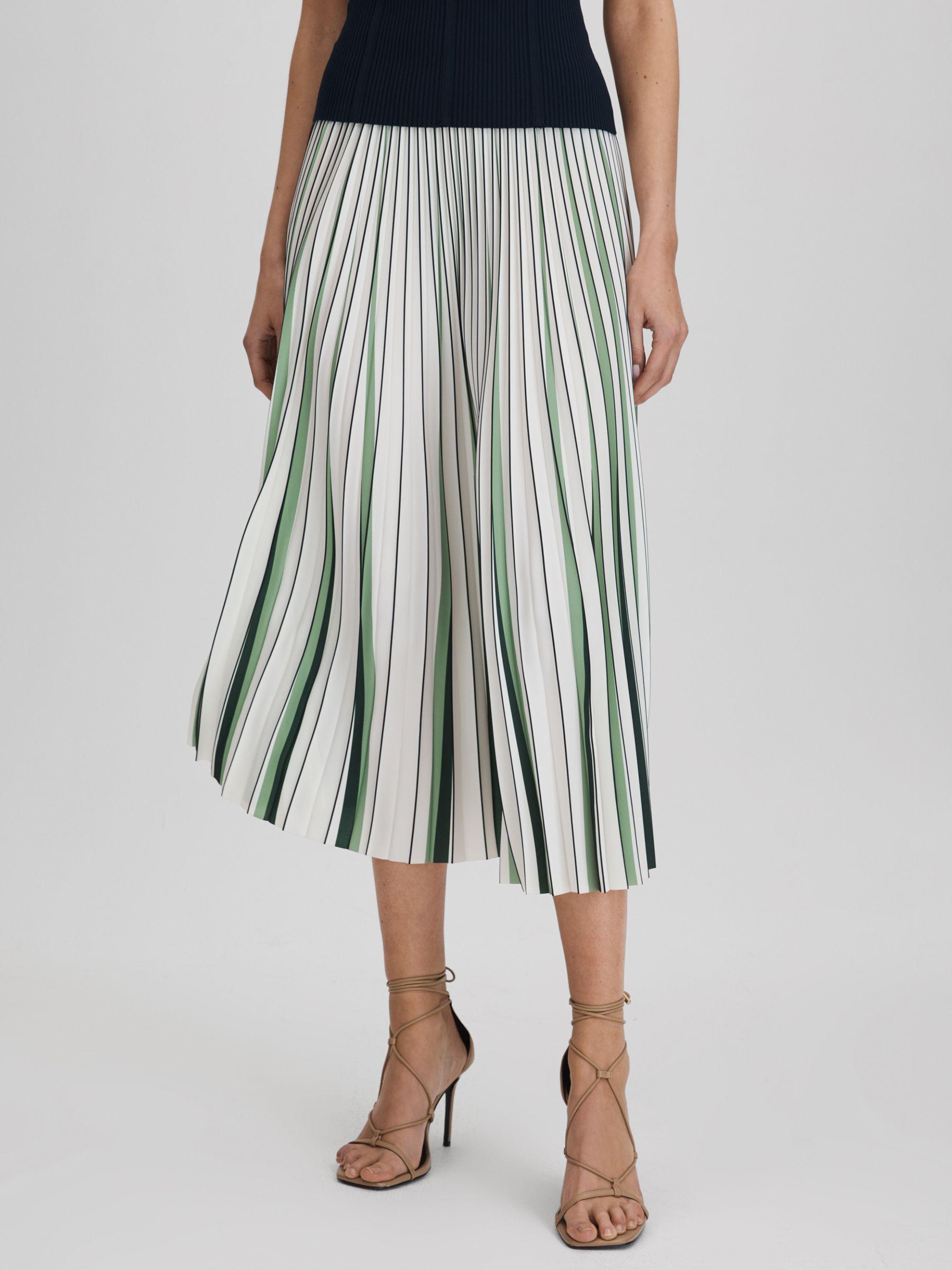 Pleated Striped Midi Skirt in Green/Cream Product Image