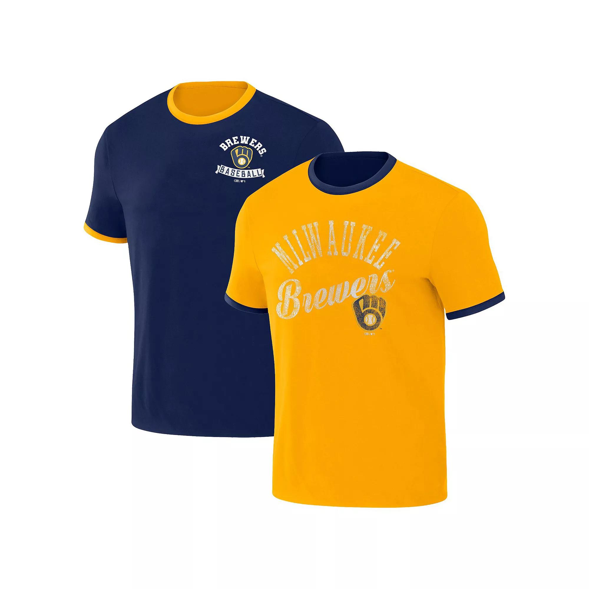 Men's Darius Rucker Collection by Fanatics Navy/Gold Milwaukee Brewers Two-Way Ringer Reversible T-Shirt, Size: Small, Blue Product Image