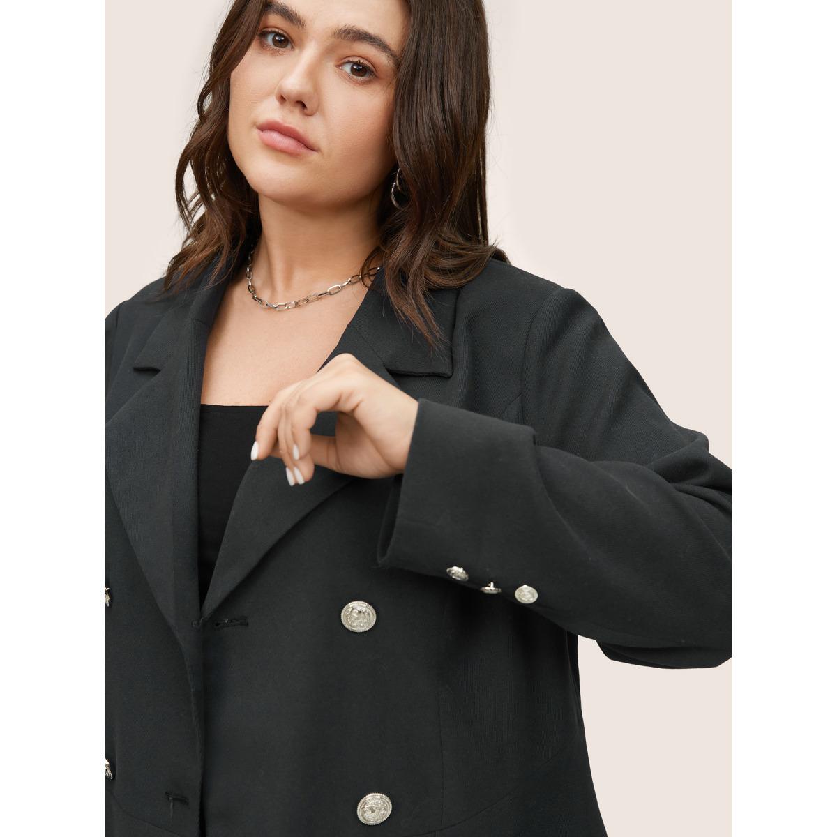 Plus Size Suit Collar Double Breasted Metal Detail Blazer Midnight Women Office Plain Non Sleeve Long Sleeve Suit Collar 28/5X Slanted pocket At the Office Blazers BloomChic Product Image