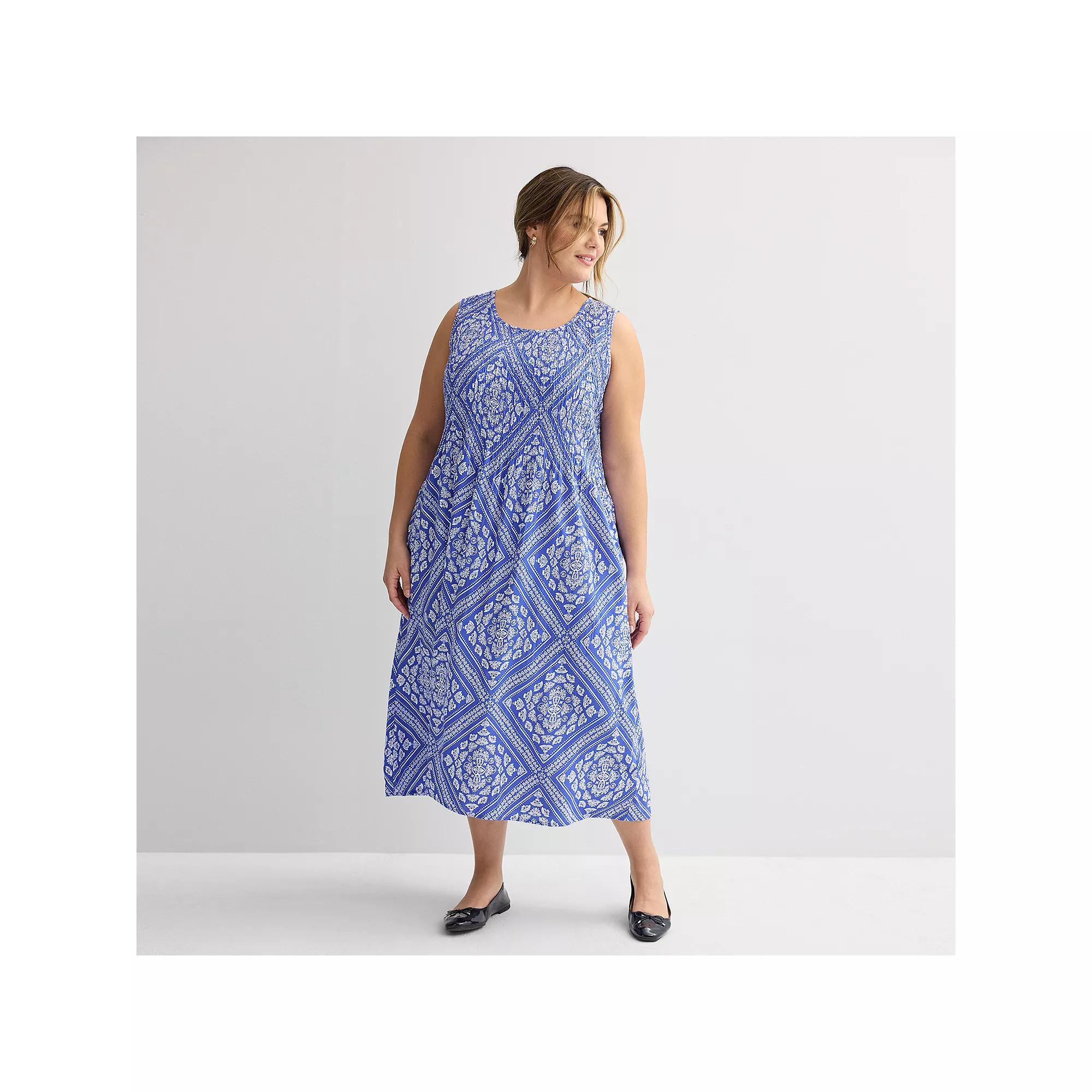 Plus Size Croft & Barrow® Smocked Midi Dress, Women's, Size: 5XL, Blue Scarf Tile Product Image