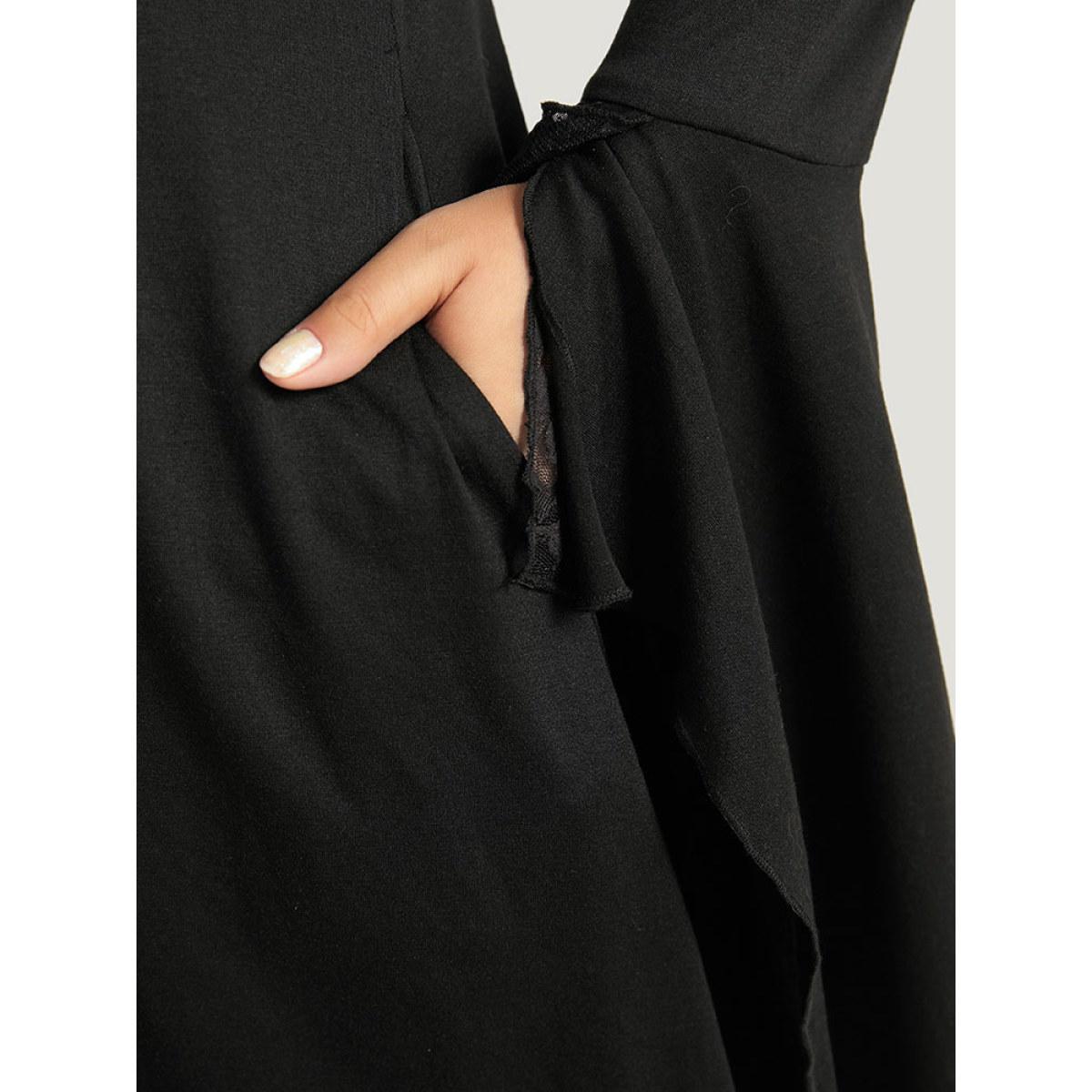 Plus Size Halloween Crochet Lace Round Neck Bell Sleeve Dress Black Women Casual Plain Round Neck Long Sleeve Curvy Knee Dress BloomChic 22-24/3X Product Image