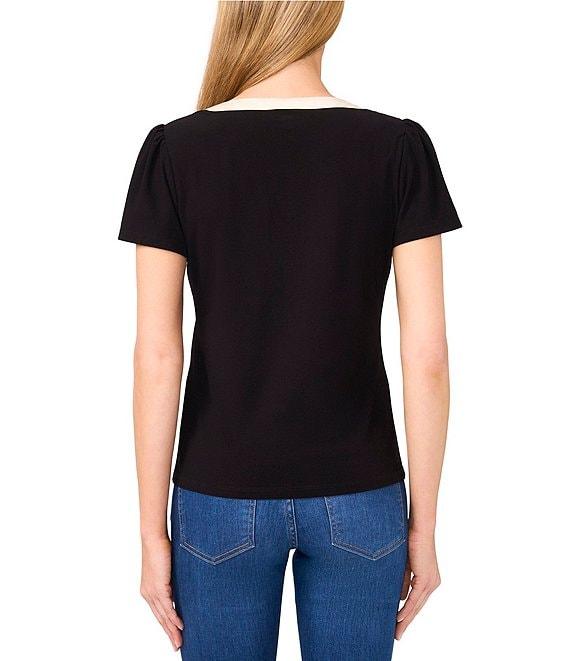 CeCe Woven V-Neck Short Sleeve Bow Blouse Product Image