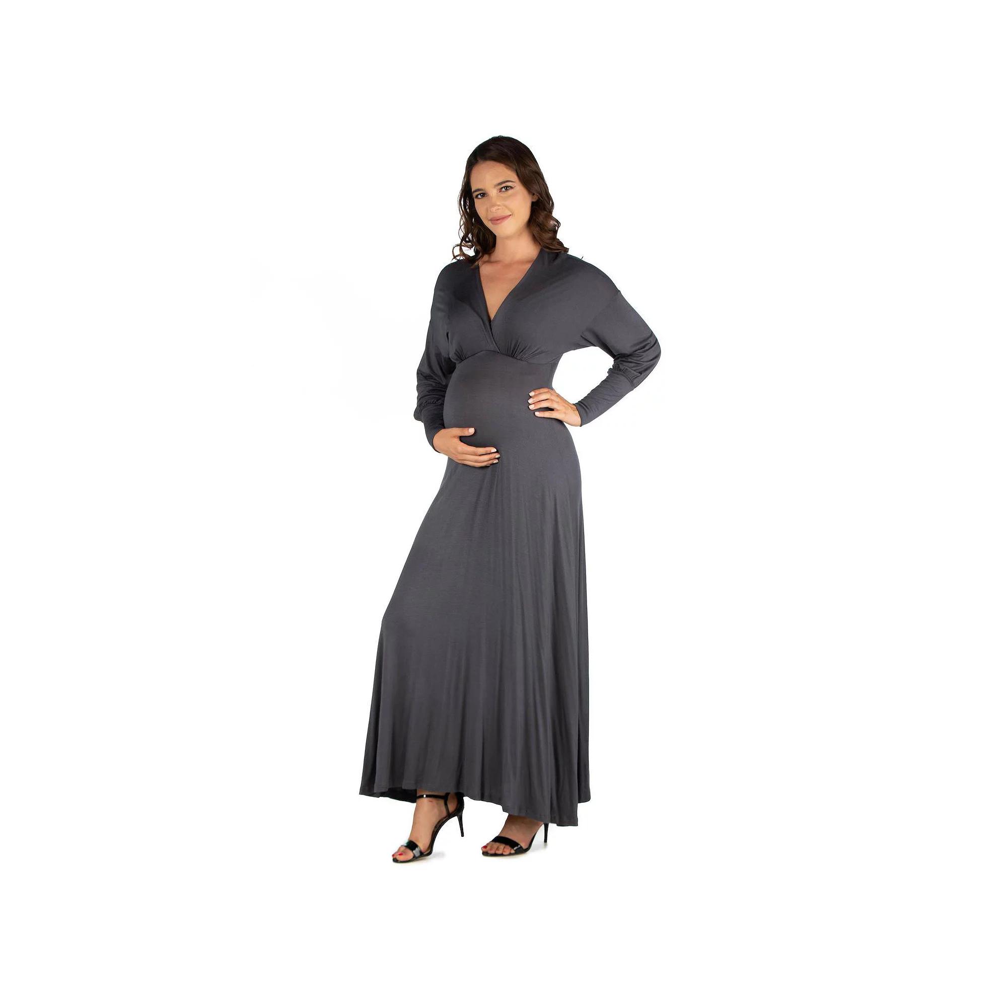 Maternity 24Seven Comfort Apparel V-Neck Long Sleeve Maxi Dress, Women's,  Product Image