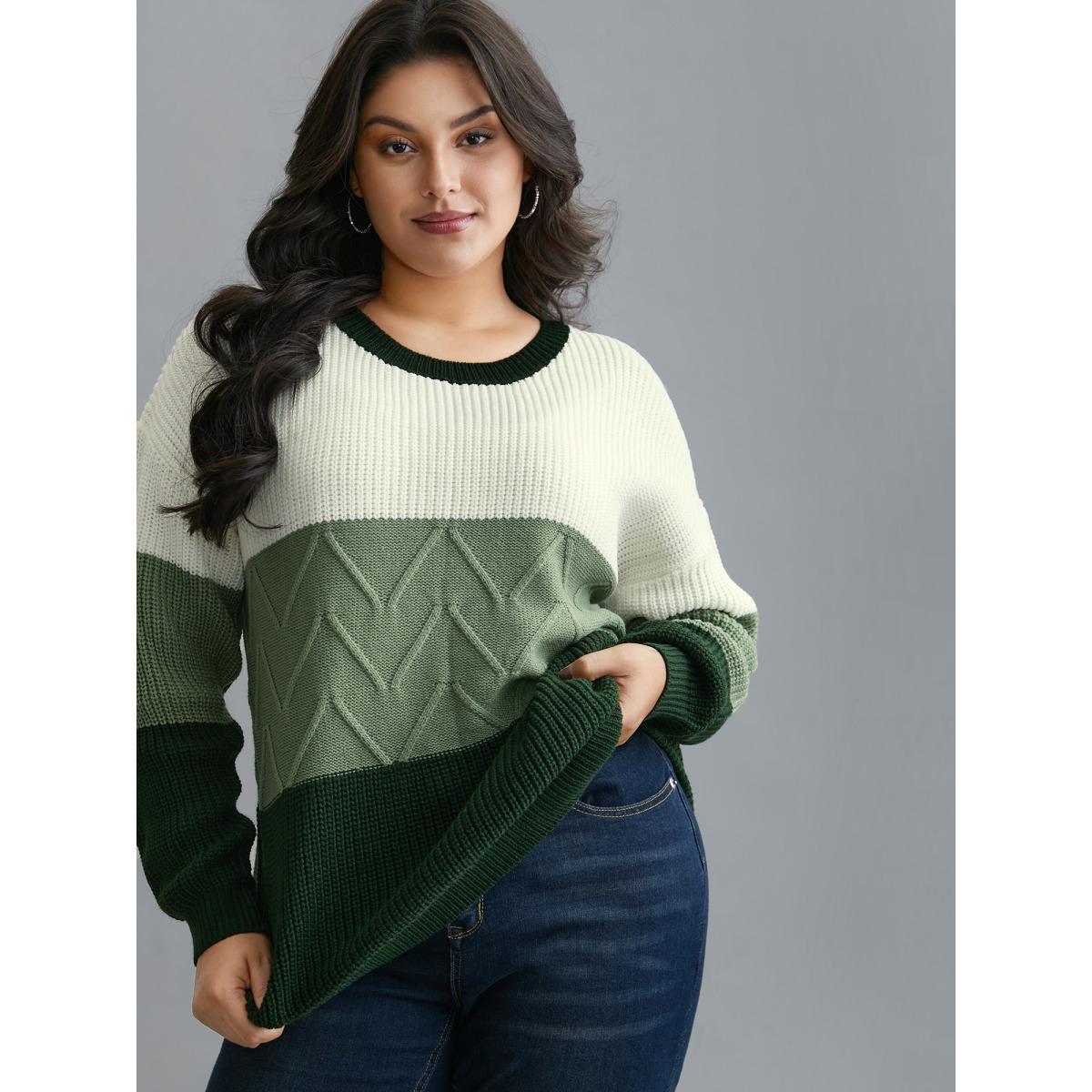 Plus Size Textured Color Block Round Neck Pullover DarkGreen Women Casual Loose Long Sleeve Round Neck Everyday Pullovers BloomChic 14-16/1X Product Image