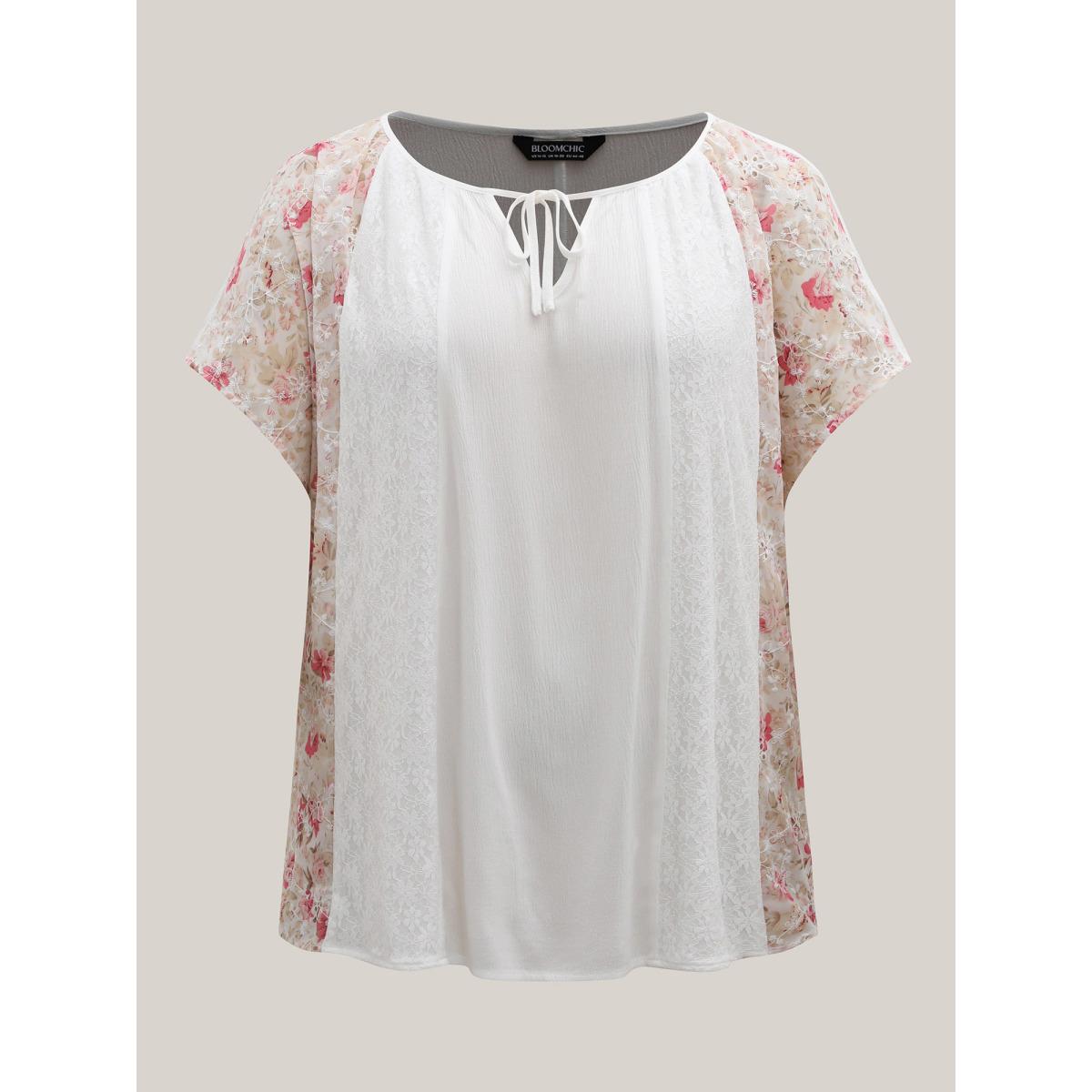 Plus Size Originalwhite Floral Print Panel Sheer Keyhole Blouse Women Short sleeve Round Neck Elegant Blouses BloomChic 26/4X Product Image