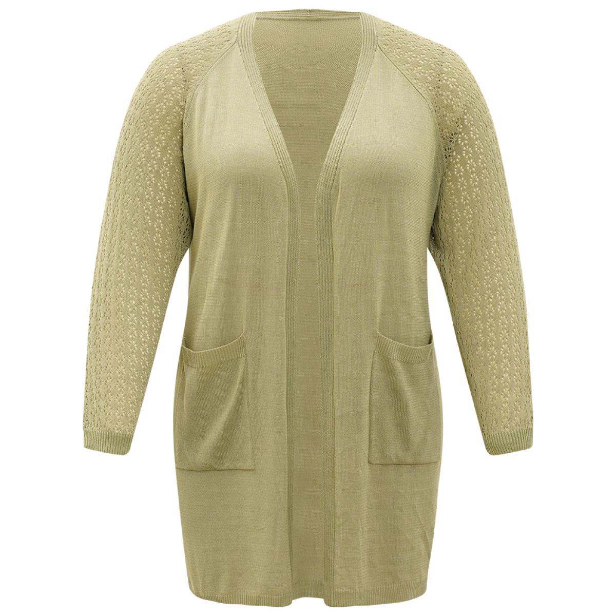 Plus Size Solid Patched Pocket Geometric Eyelet Raglan Sleeve Cardigan Olive Women Casual Loose Long Sleeve Dailywear Cardigans BloomChic 10/M Product Image