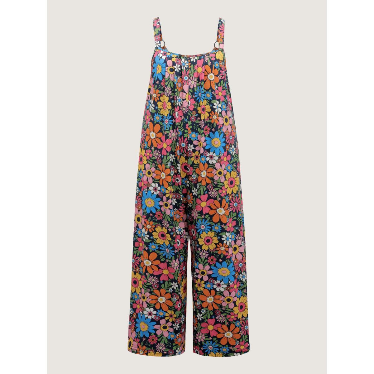 Plus Size DarkBlue Colorful Floral Pockets Knit Jumpsuit Women Playful Sleeveless Square Neck Casual Loose Jumpsuits BloomChic 26/4X Product Image