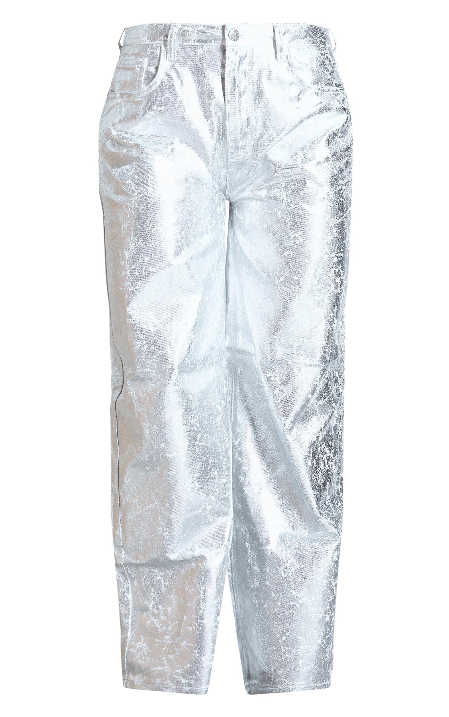 Silver Coated Crackle Effect Denim Wide Leg Jeans Product Image