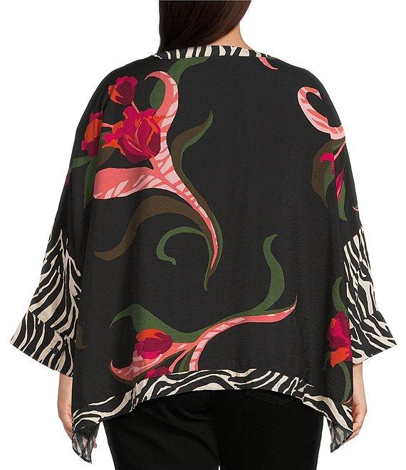 Ali Miles Plus Size Woven Floral Zebra Multi Print Round Neck Long Dolman Sleeve Button Front Tunic Product Image