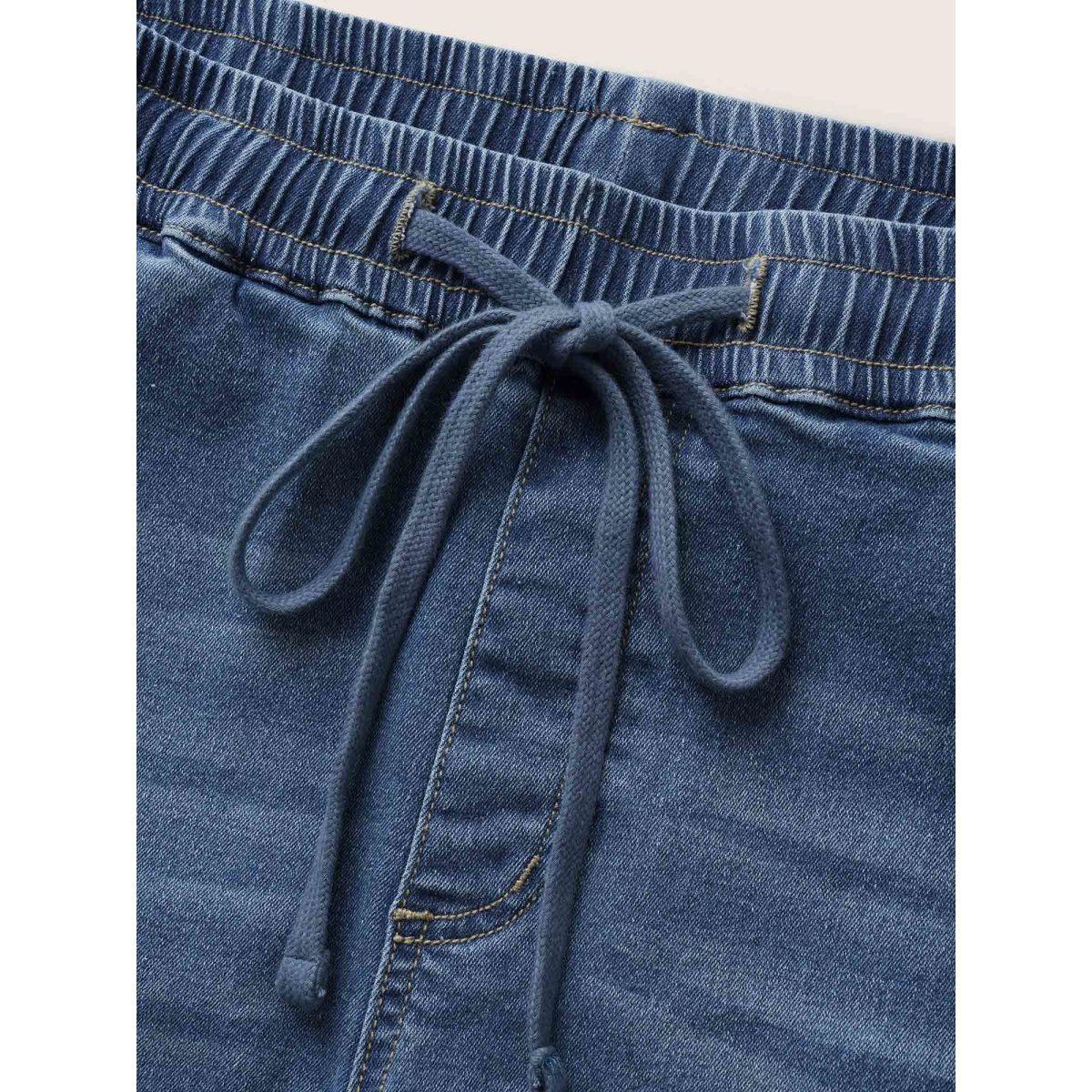 Plus Size Light Wash Elastic Waist Drawstring Denim Shorts Women Blue Drawstring High stretch Everyday Slanted pocket Casual Denim Shorts BloomChic 24/3X Product Image