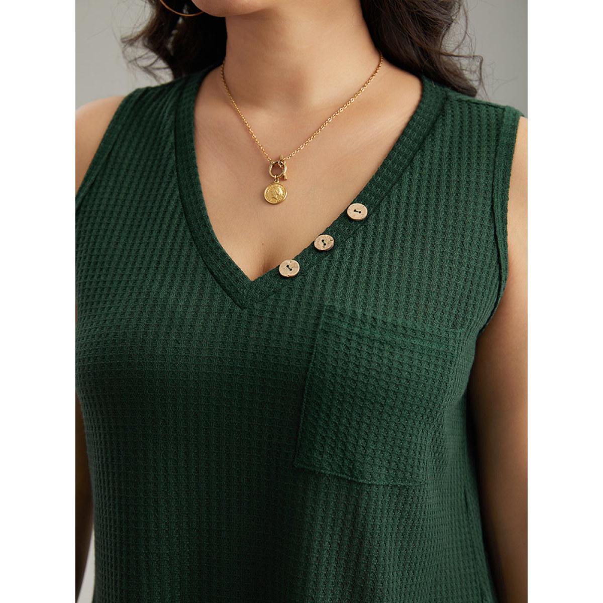 Plus Size Waffle Knit V Neck Button Detail Cami Top Women Green Casual Waffle Knit V-neck Dailywear Tank Tops Camis BloomChic 10/M Product Image
